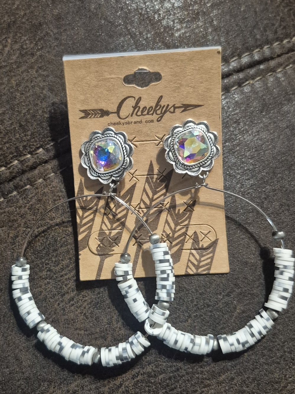 Cheekys White Beaded Hoop Earrings with Iridescent Concho Studs